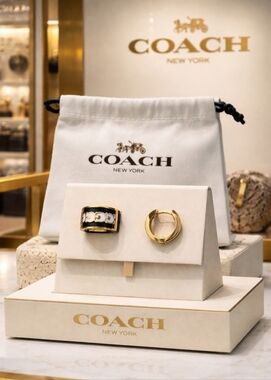 Coach Gold Tone Earrings with Black Enamel Accent & Dustbag
